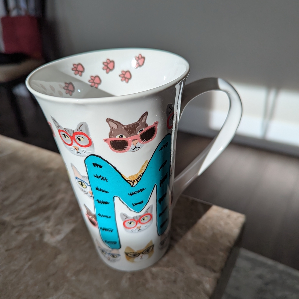 Cat Design Ceramic Mug - White and Blue-Never Used